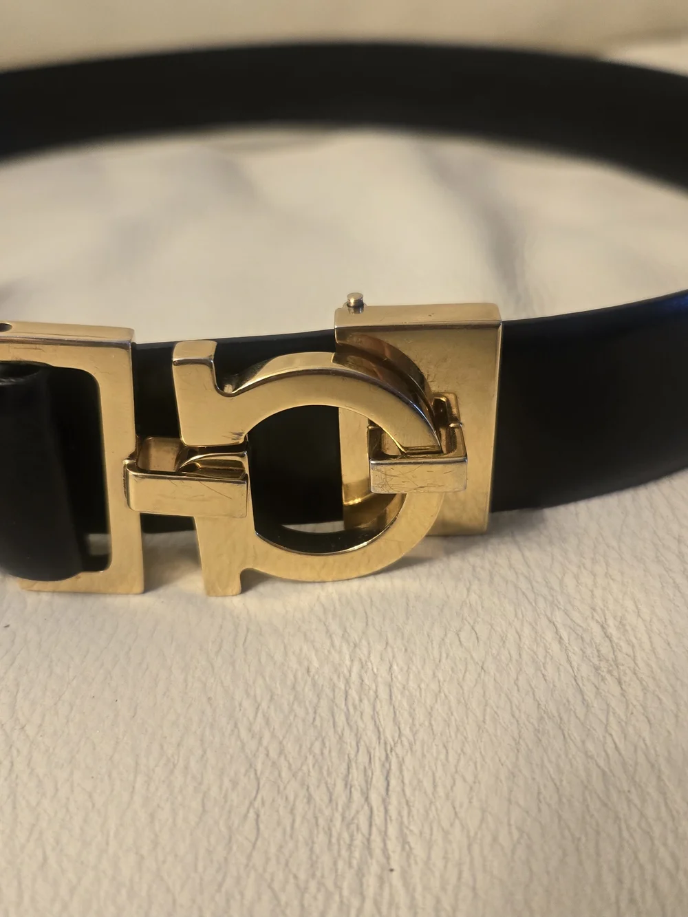 Unisex Black Leather Belt with Gold Double-Loop Buckle